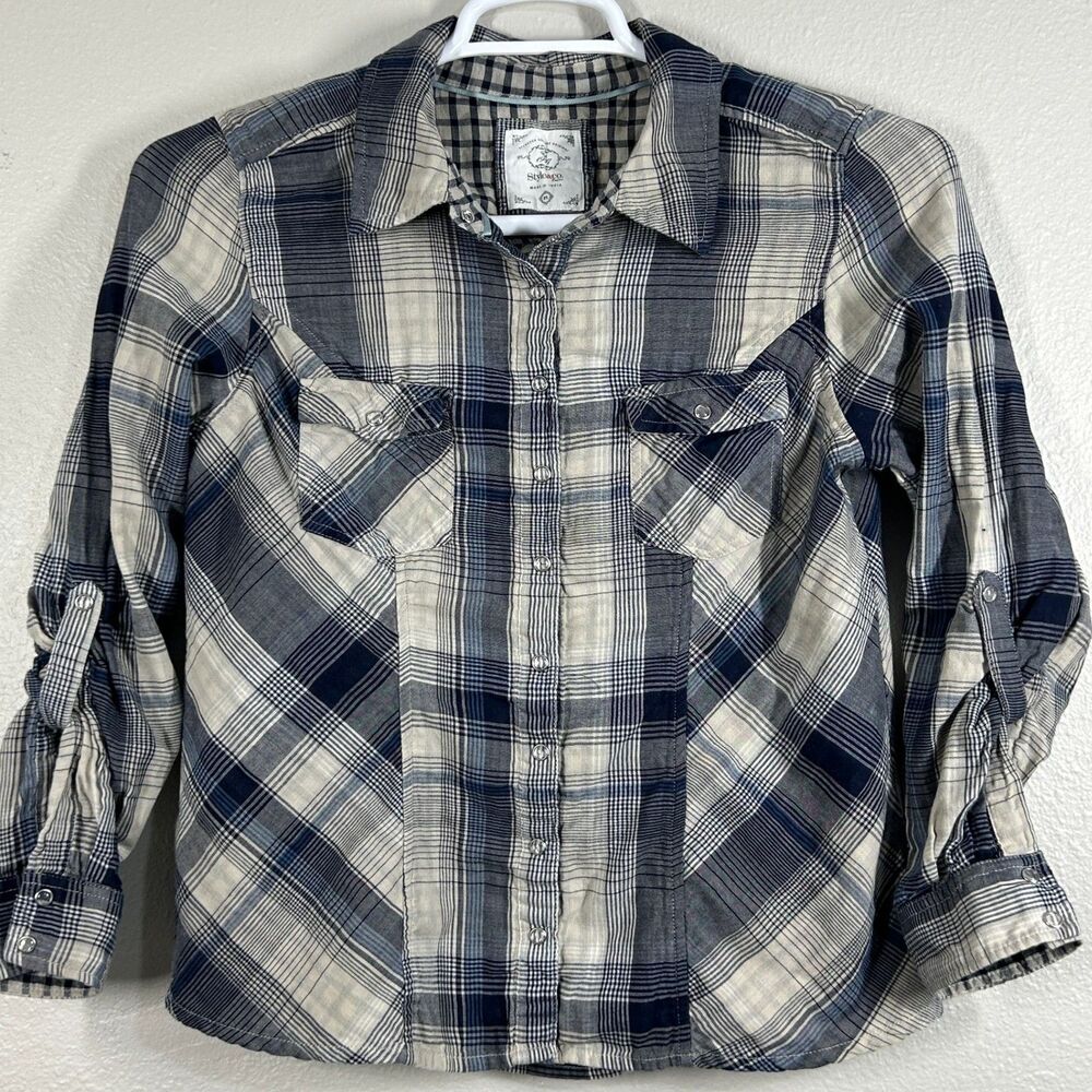 Style&Co Shirt Womens PL Navy Cream Plaid Button Up Roll Tab Sleeve Cotton